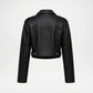 Black cropped faux leather jacket shown from the back, featuring a collar, shoulder epaulets, and snap-button details at the waist, displayed on a light gray background.