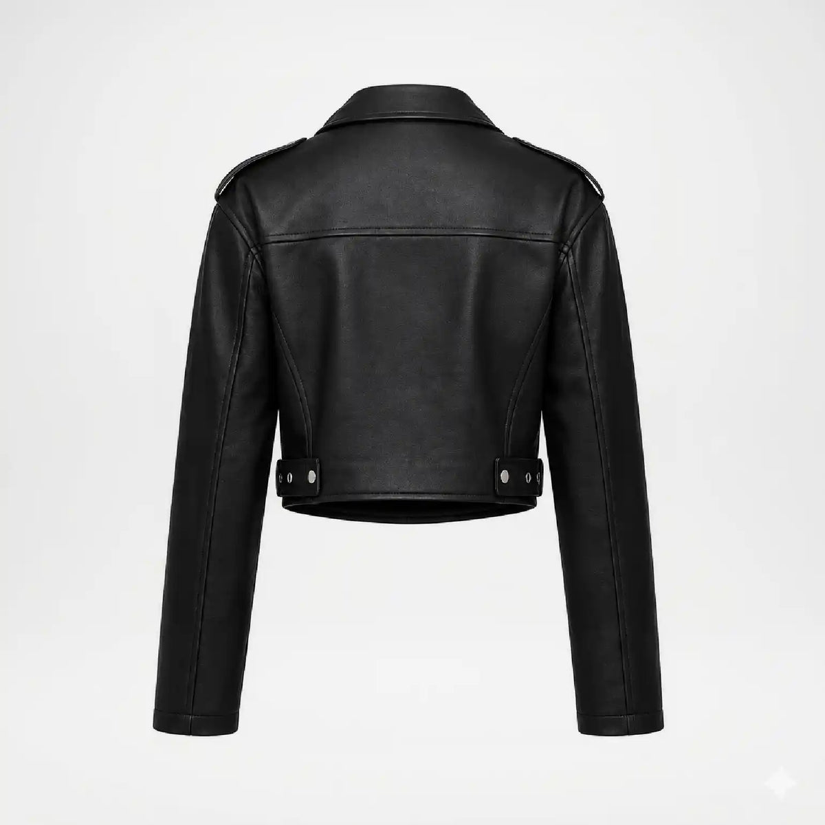 Black cropped faux leather jacket shown from the back, featuring a collar, shoulder epaulets, and snap-button details at the waist, displayed on a light gray background.
