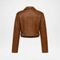 A cropped brown faux-leather moto jacket shown from the back, featuring shoulder epaulets and snap-button details at the waist, displayed on a clean white background.