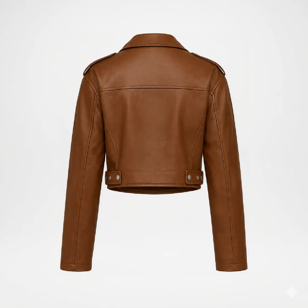 A cropped brown faux-leather moto jacket shown from the back, featuring shoulder epaulets and snap-button details at the waist, displayed on a clean white background.