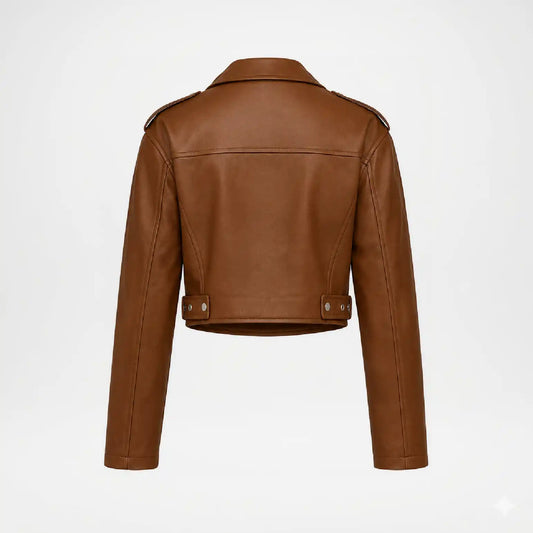 A cropped brown faux-leather moto jacket shown from the back, featuring shoulder epaulets and snap-button details at the waist, displayed on a clean white background.