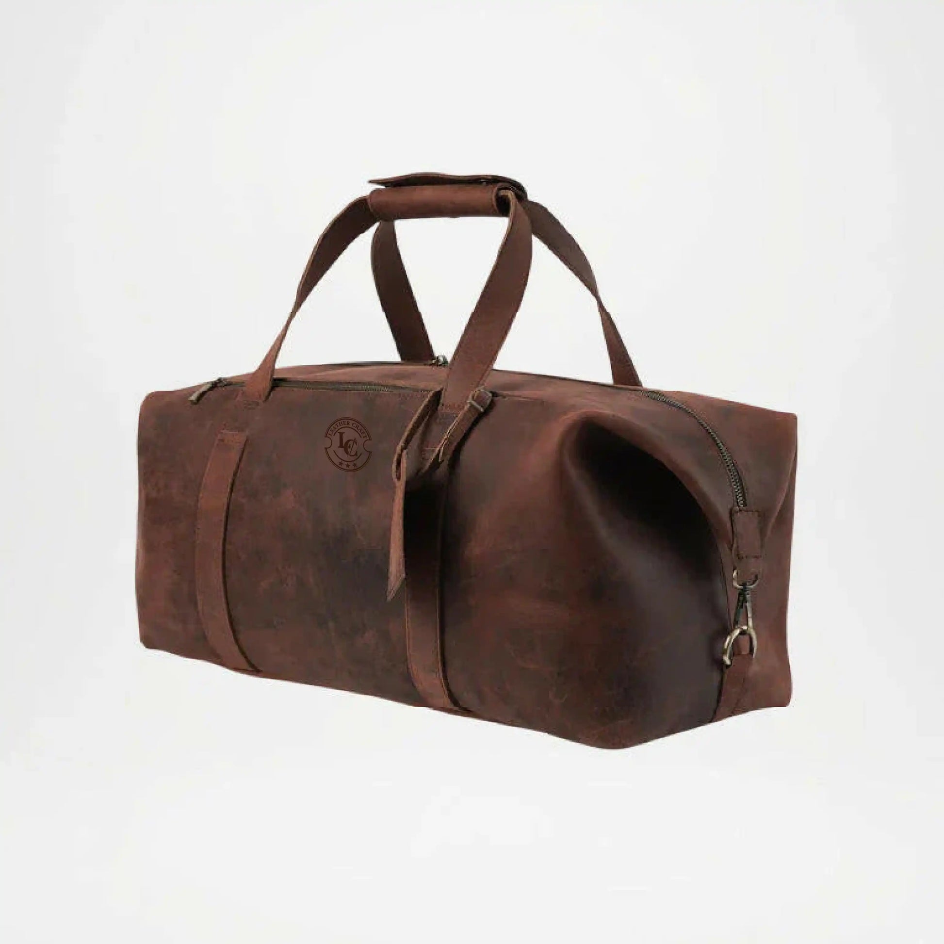 brown distressed leather weekender bag
