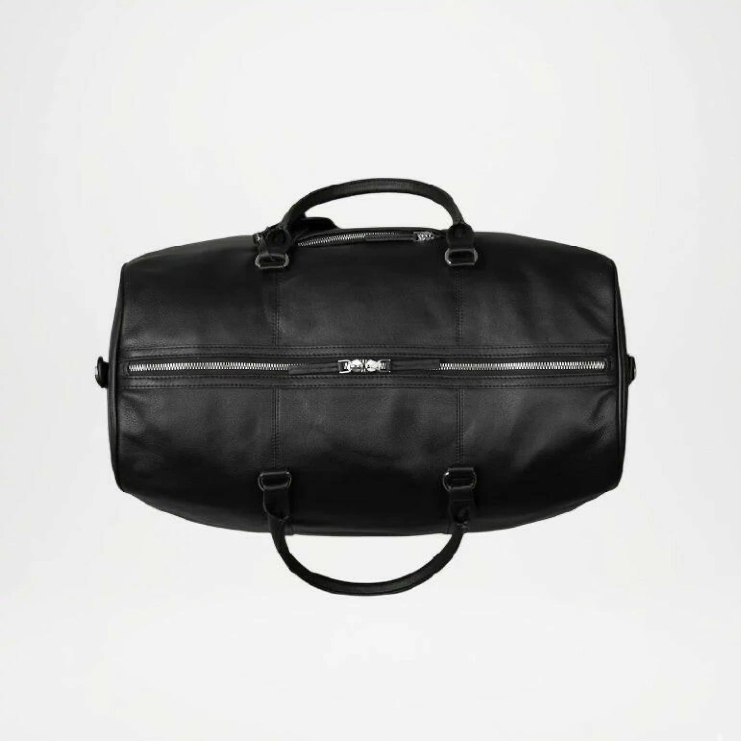 Black leather duffel bag on a white background