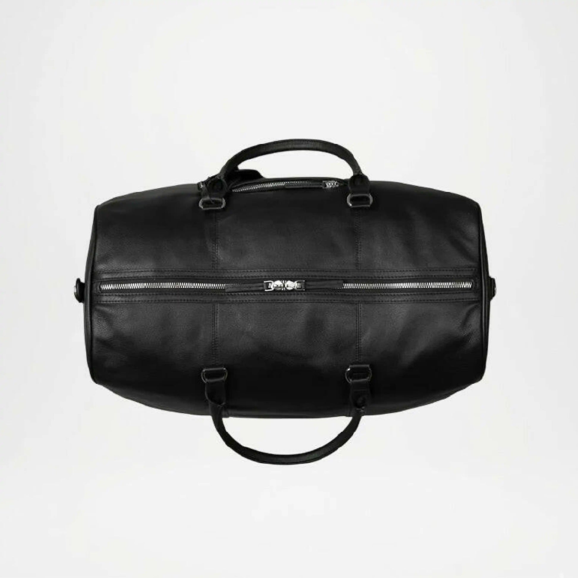 Black leather duffel bag on a white background