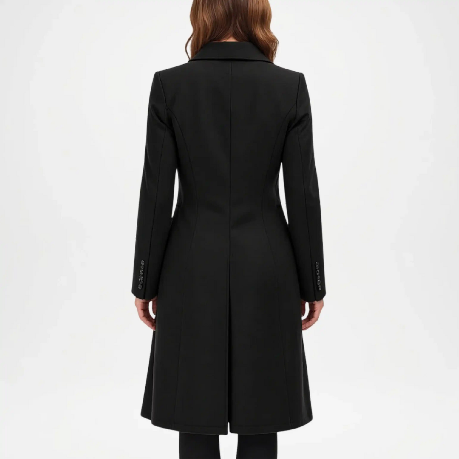 Black coat worn by a person on a white background