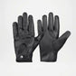 Pair of black leather gloves on a light gray background