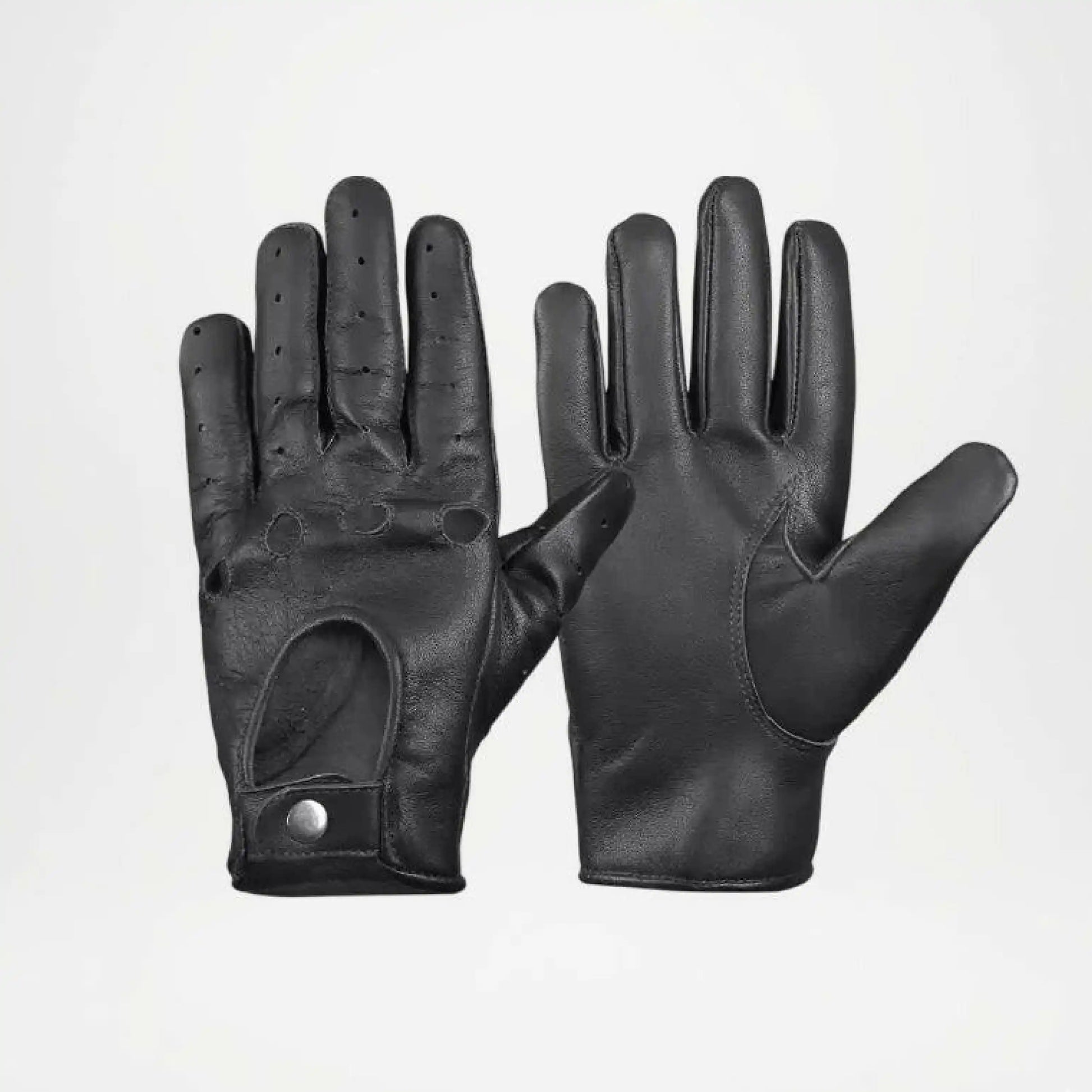 Pair of black leather gloves on a light gray background