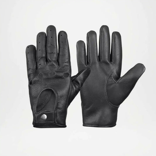 Pair of black leather gloves on a light gray background