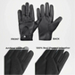 Black leather gloves with labels indicating front, back, artificial leather