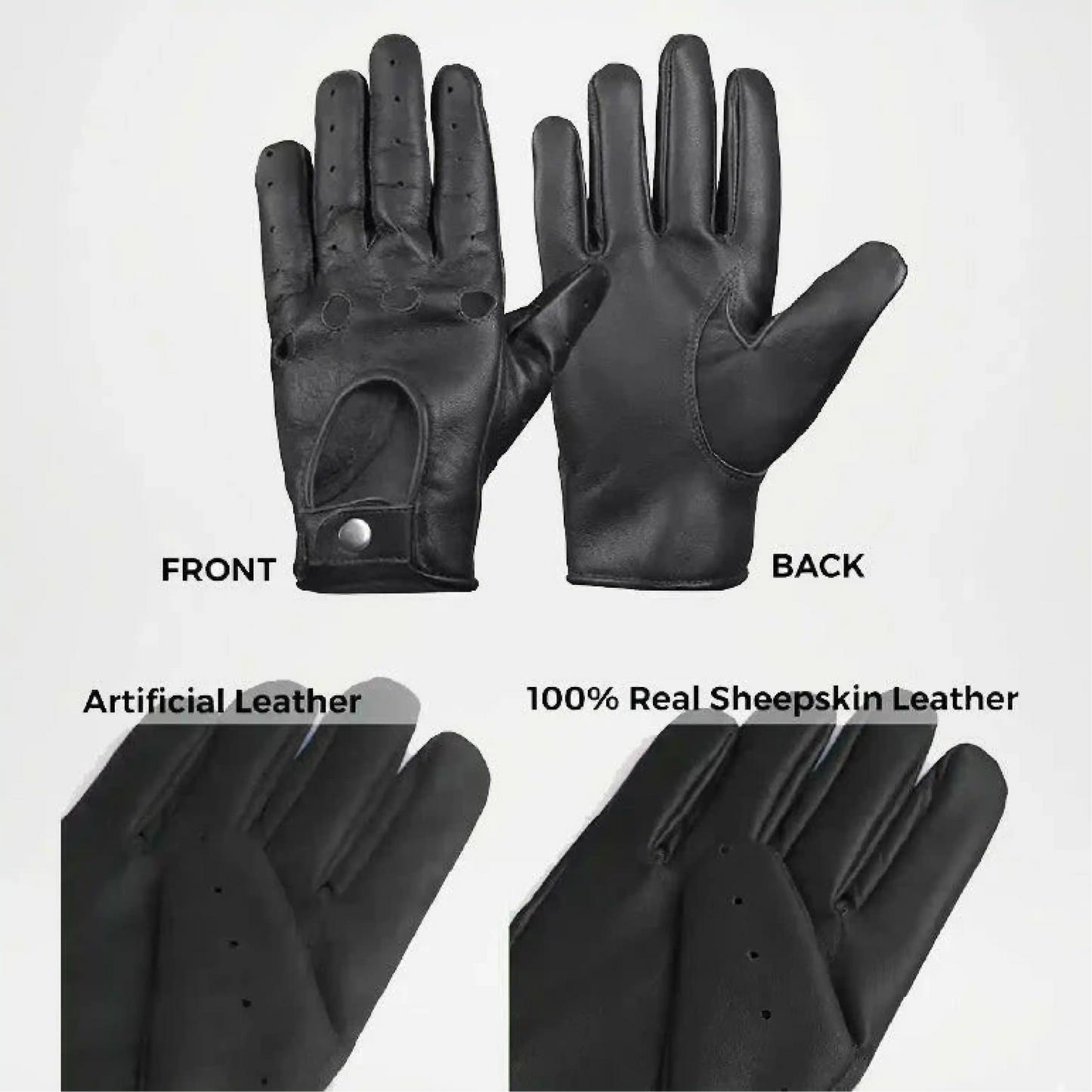 Black leather gloves with labels indicating front, back, artificial leather