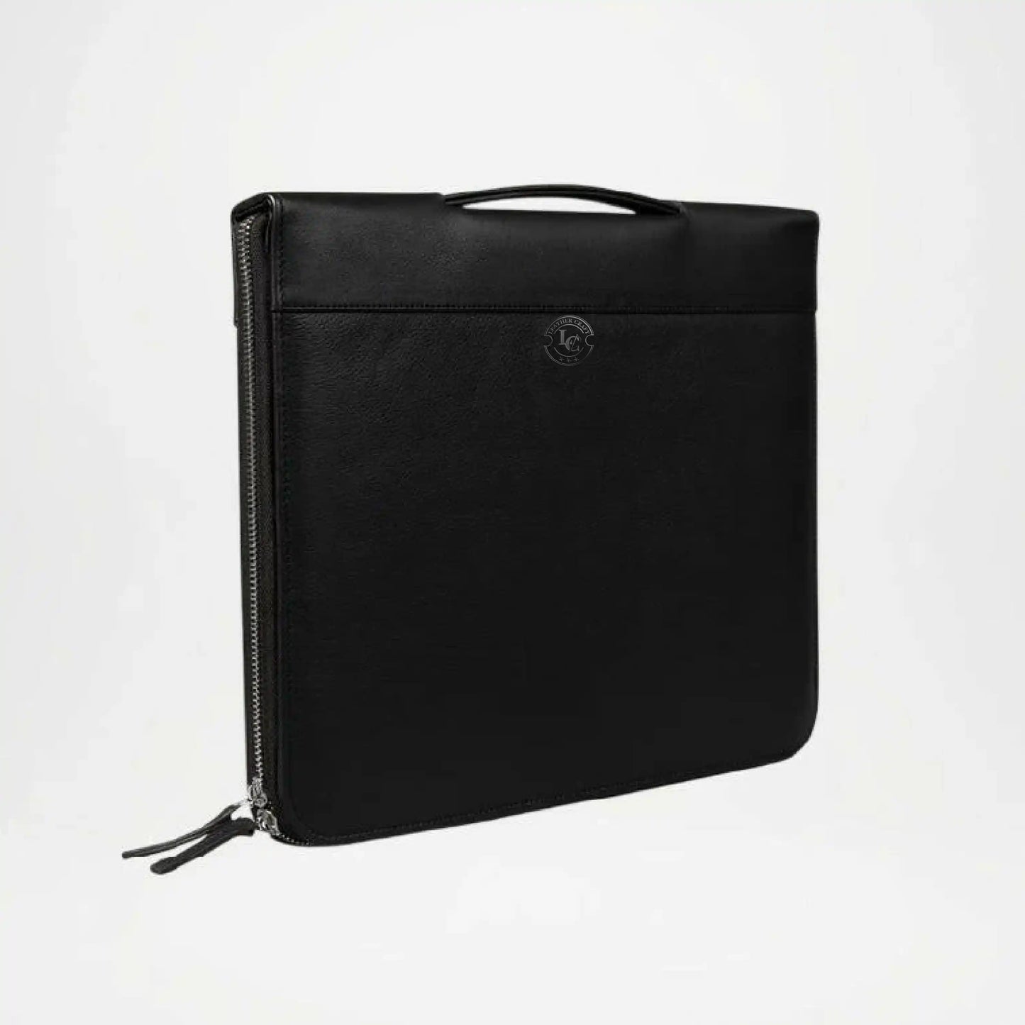 Black leather pouch with zipper on a white background