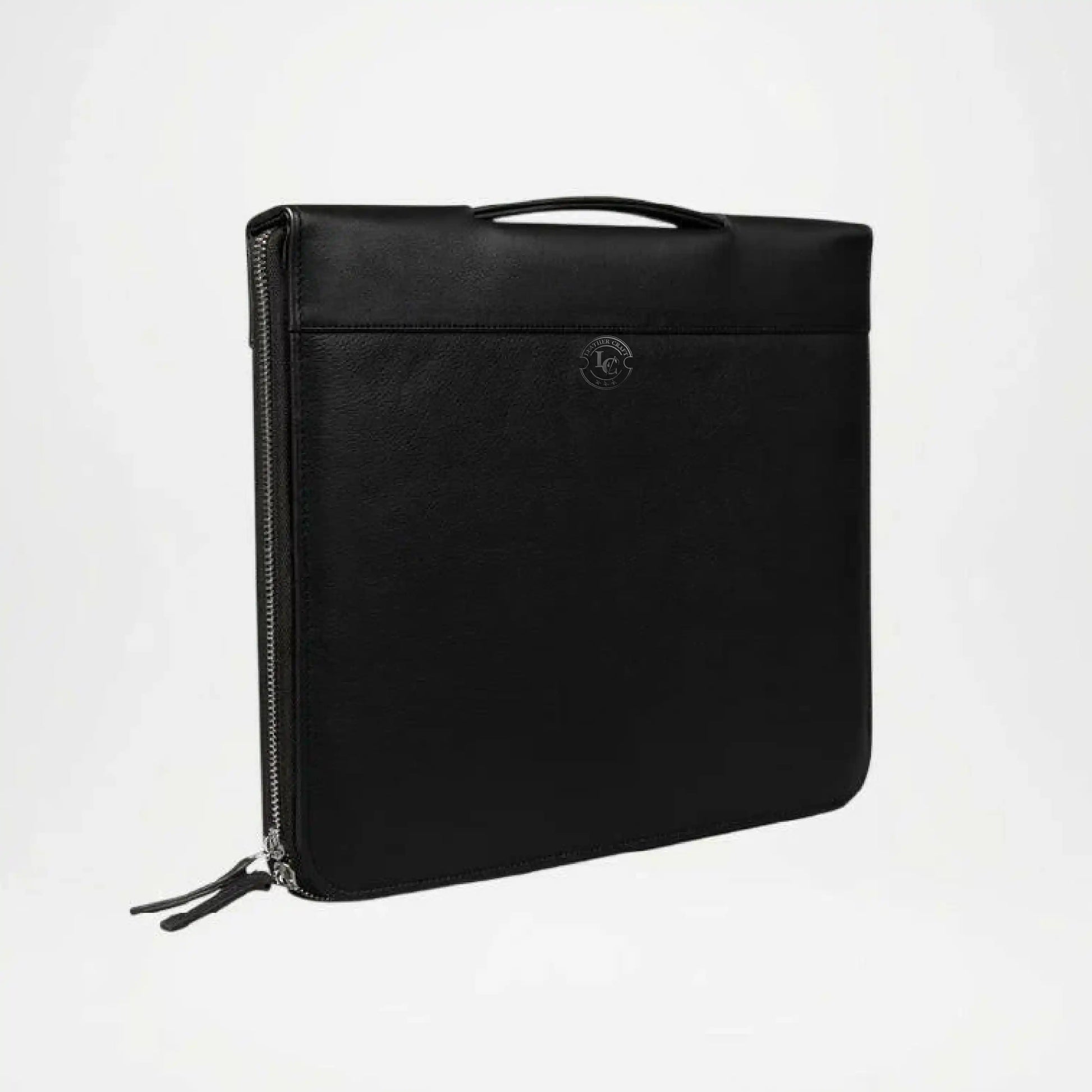 Black leather pouch with zipper on a white background