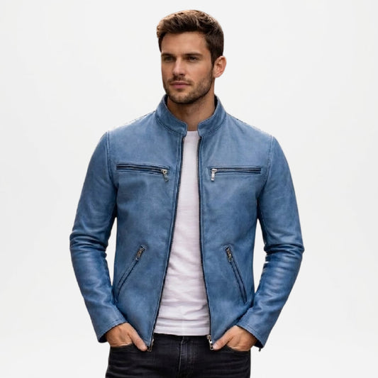 Blue Leather Biker Jacket Mens Ionic Style