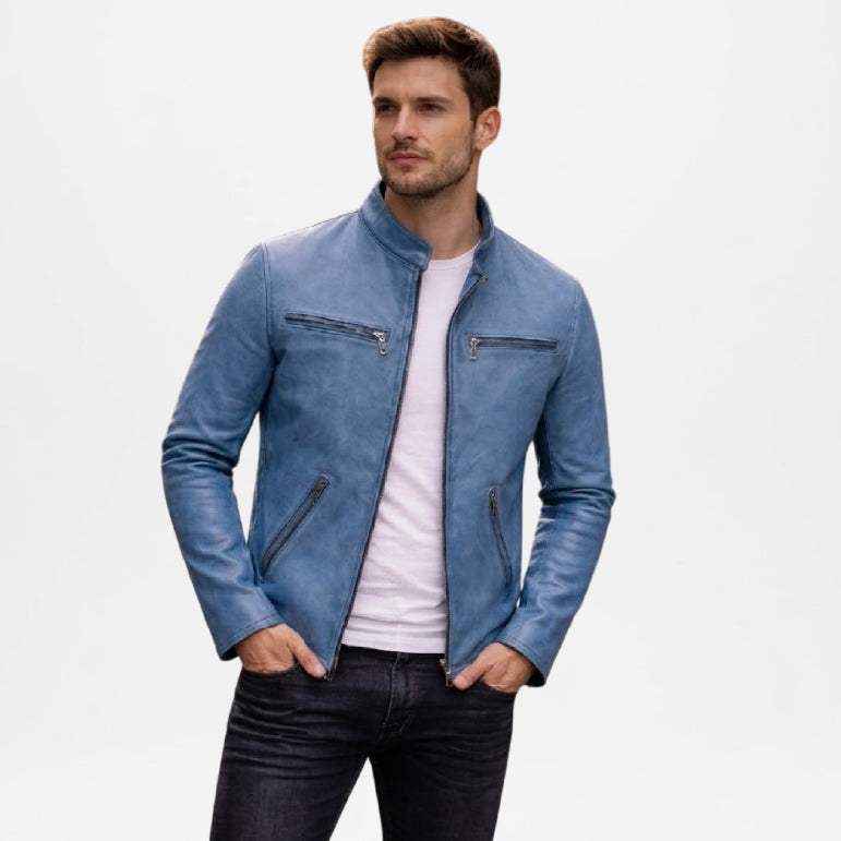 Blue Leather Biker Jacket Mens Ionic Style