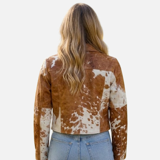 Brown Cow Print Jacket Women Cropped Western Style