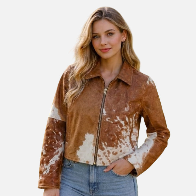 Brown Cow Print Jacket Women Cropped Western Style
