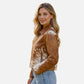 Brown Cow Print Jacket Women Cropped Western Style