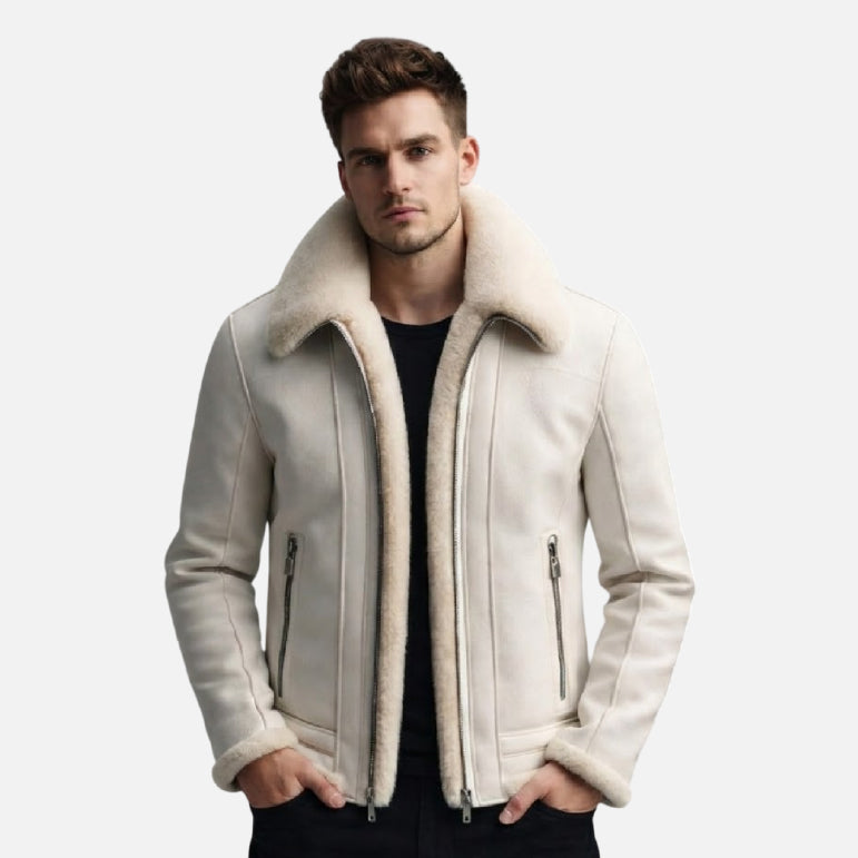 White Shearling Leather Jacket Men Aviator Style