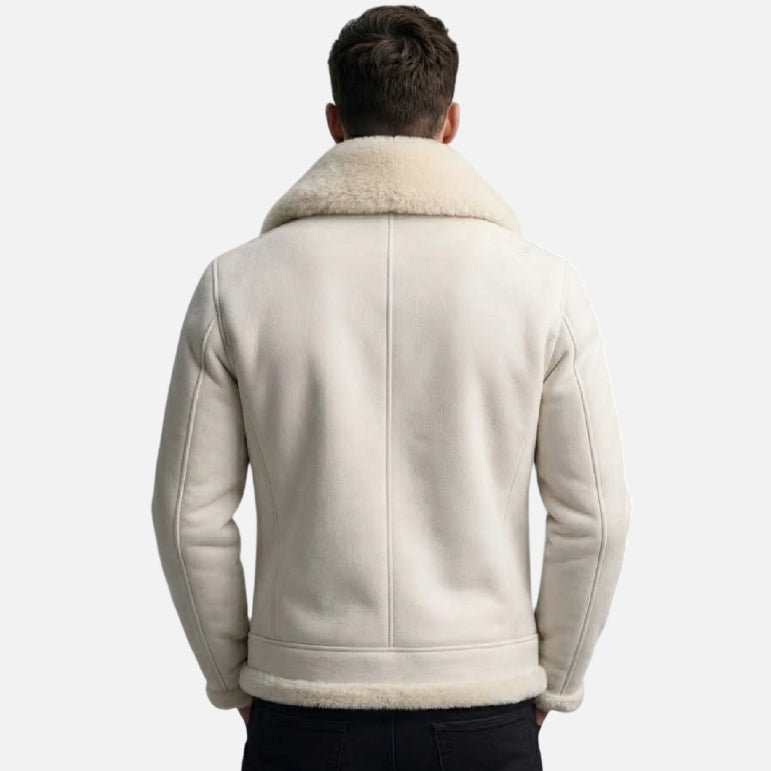 White Shearling Leather Jacket Men Aviator Style