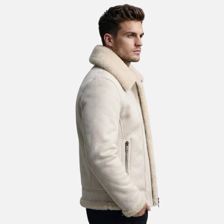 White Shearling Leather Jacket Men Aviator Style