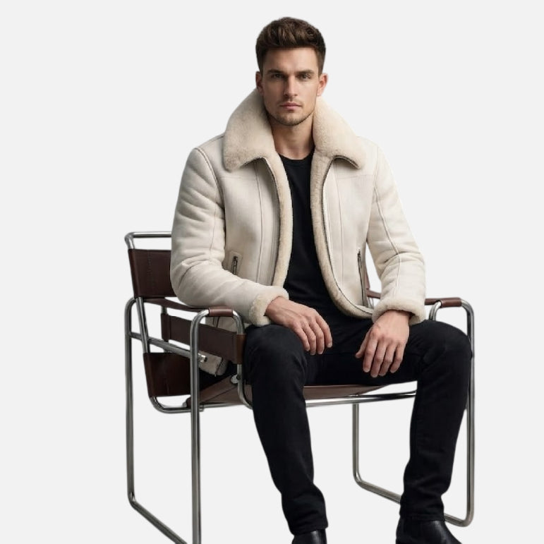 White Shearling Leather Jacket Men Aviator Style