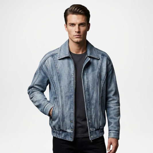 Light Blue Denim Jacket Men Classic Fit Casual Style