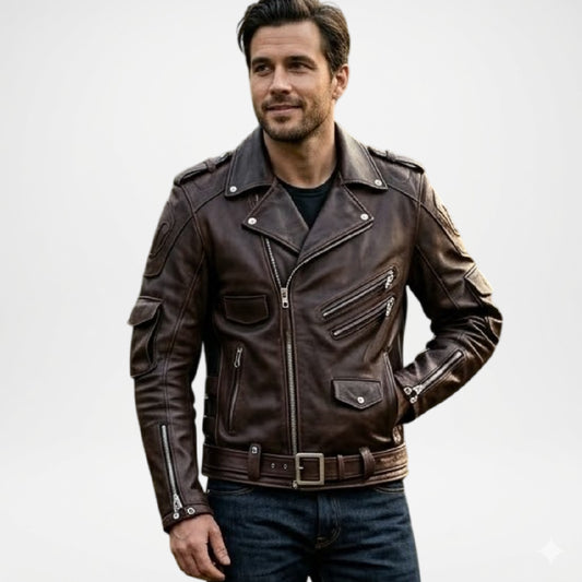Leather Biker Jacket Brown Mens Classic Moto Style