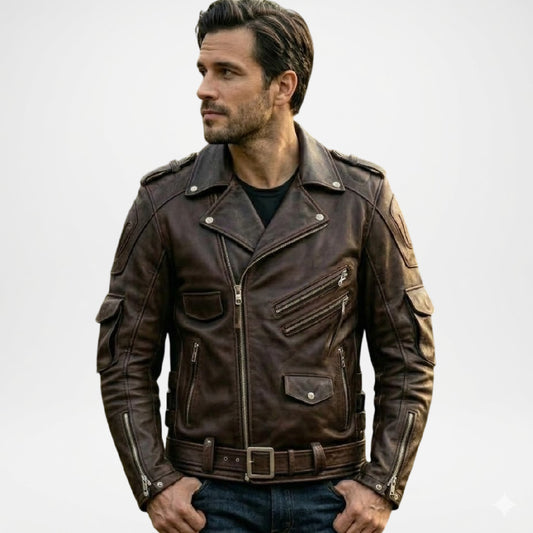Leather Biker Jacket Brown Mens Classic Moto Style