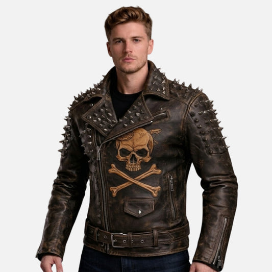 Brown Studded Leather Jacket Men Distressed Biker Style