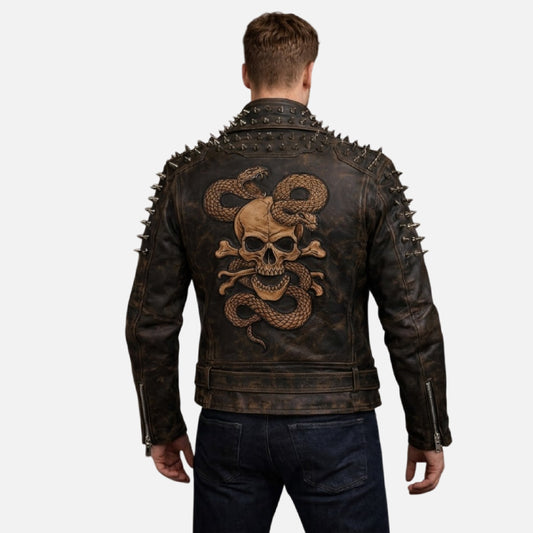 Brown Studded Leather Jacket Men Distressed Biker Style