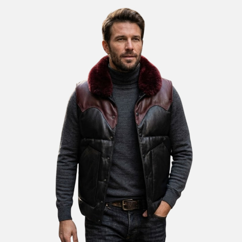 Mens Black Leather Vest with Fur Collar
