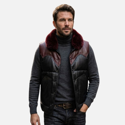 Mens Black Leather Vest with Fur Collar