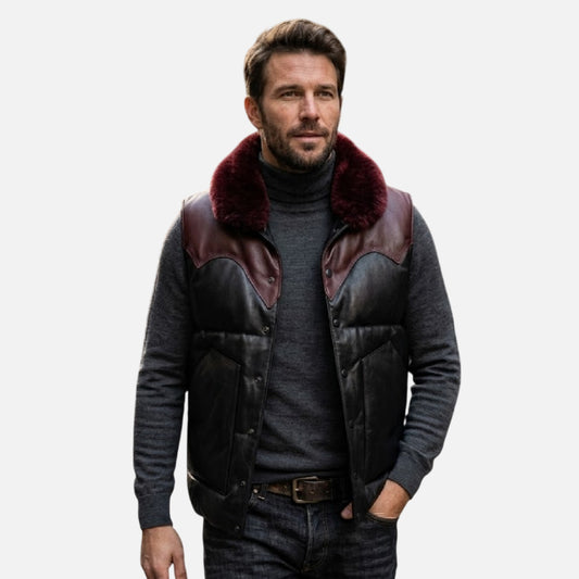 Mens Black Leather Vest with Fur Collar