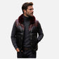 black leather vest with maroon fur collar
