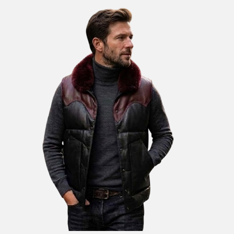 black leather vest with maroon fur collar