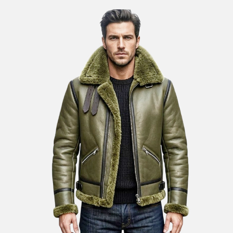 Olive Green Shearling Jacket Men RAF Aviator Style