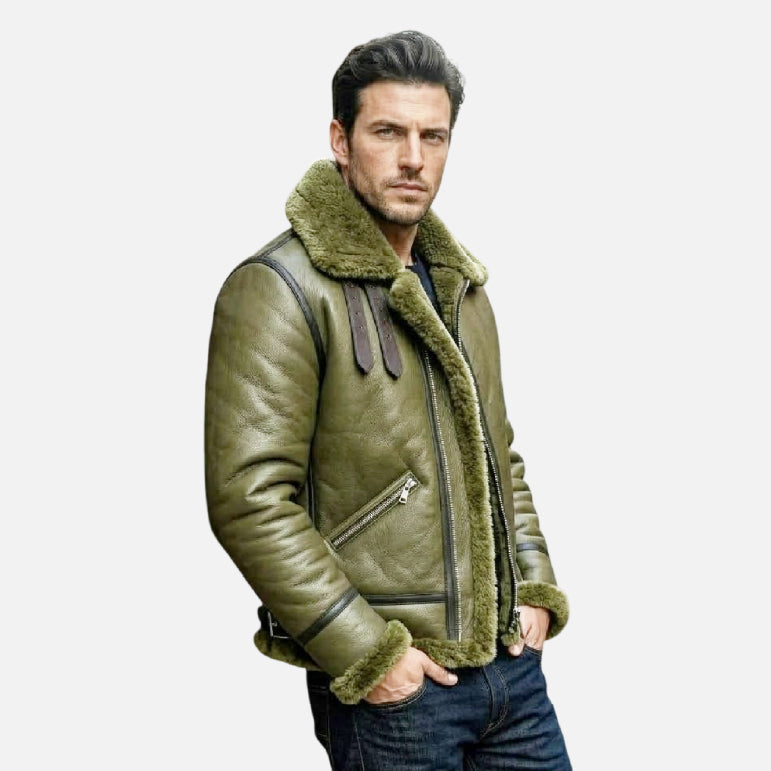 Olive Green Shearling Jacket Men RAF Aviator Style
