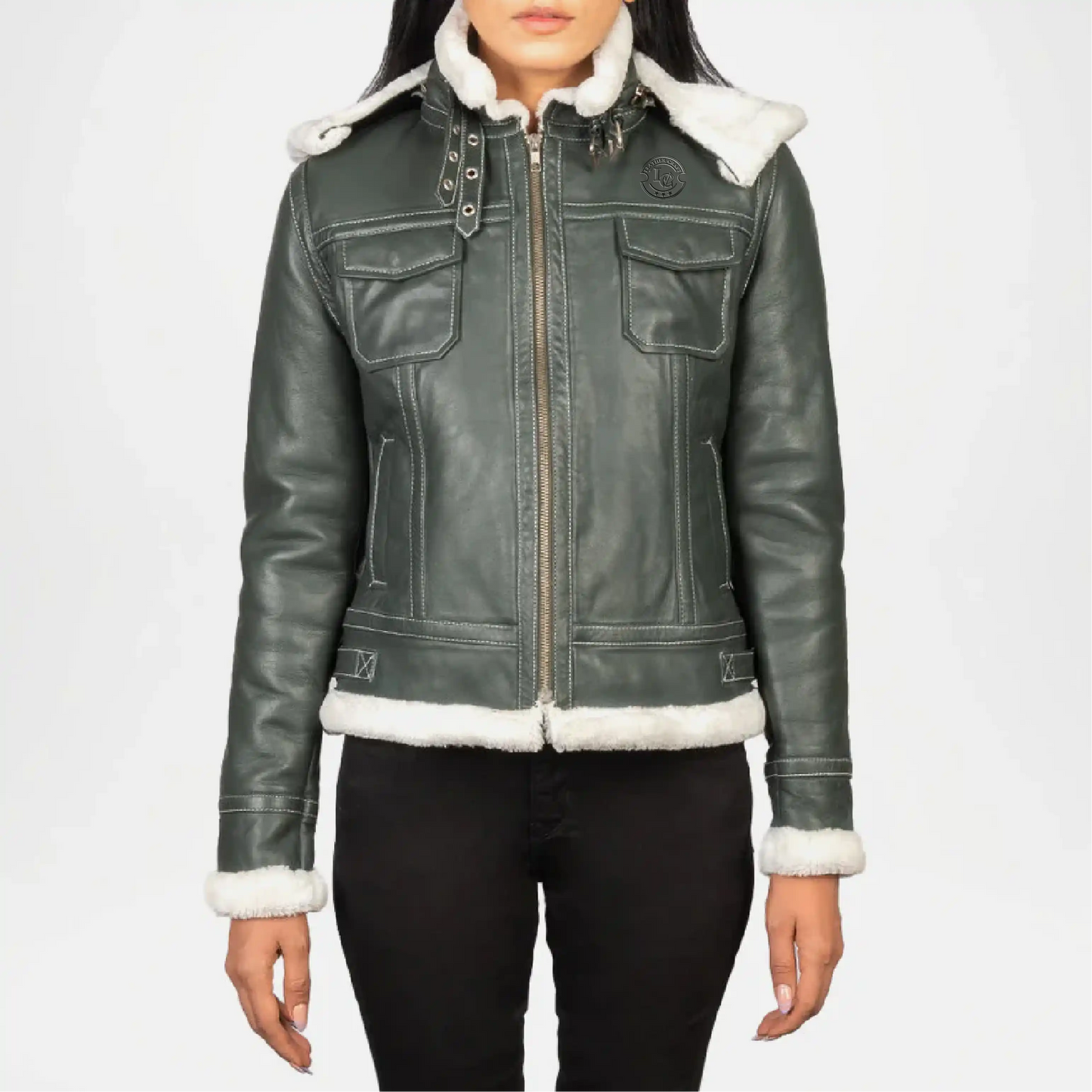 Fiona Green Shearling Hooded Leather Jacket for Women