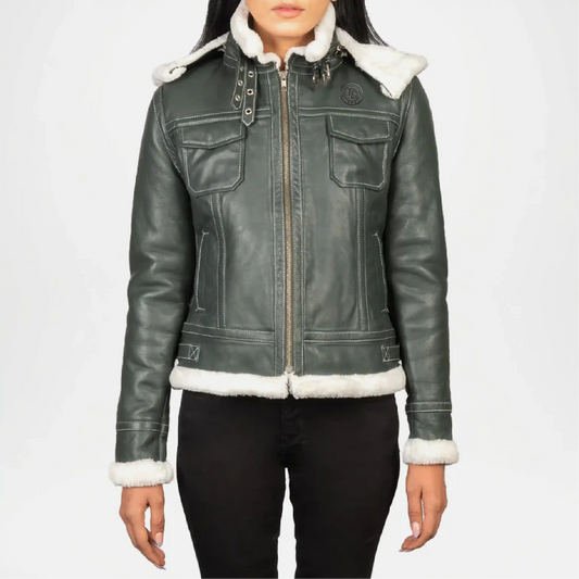Fiona Green Shearling Hooded Leather Jacket for Women
