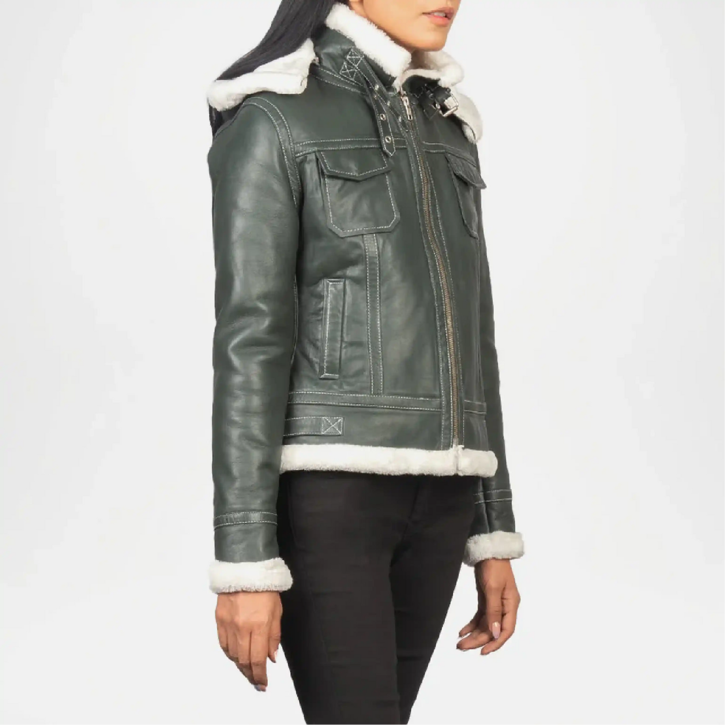 Green leather jacket with white fur trim on a white background