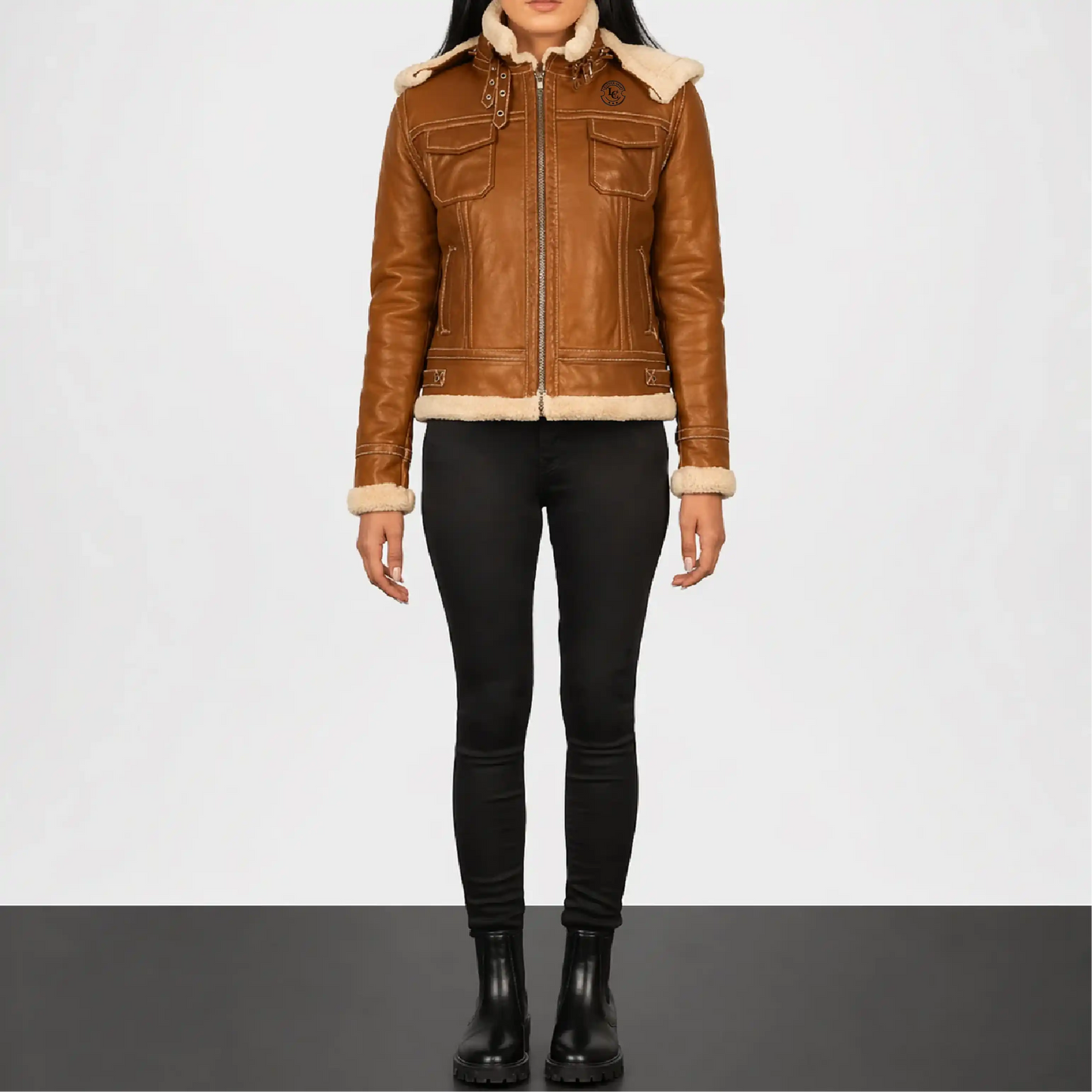 brown leather bomber jacket with fur collar
