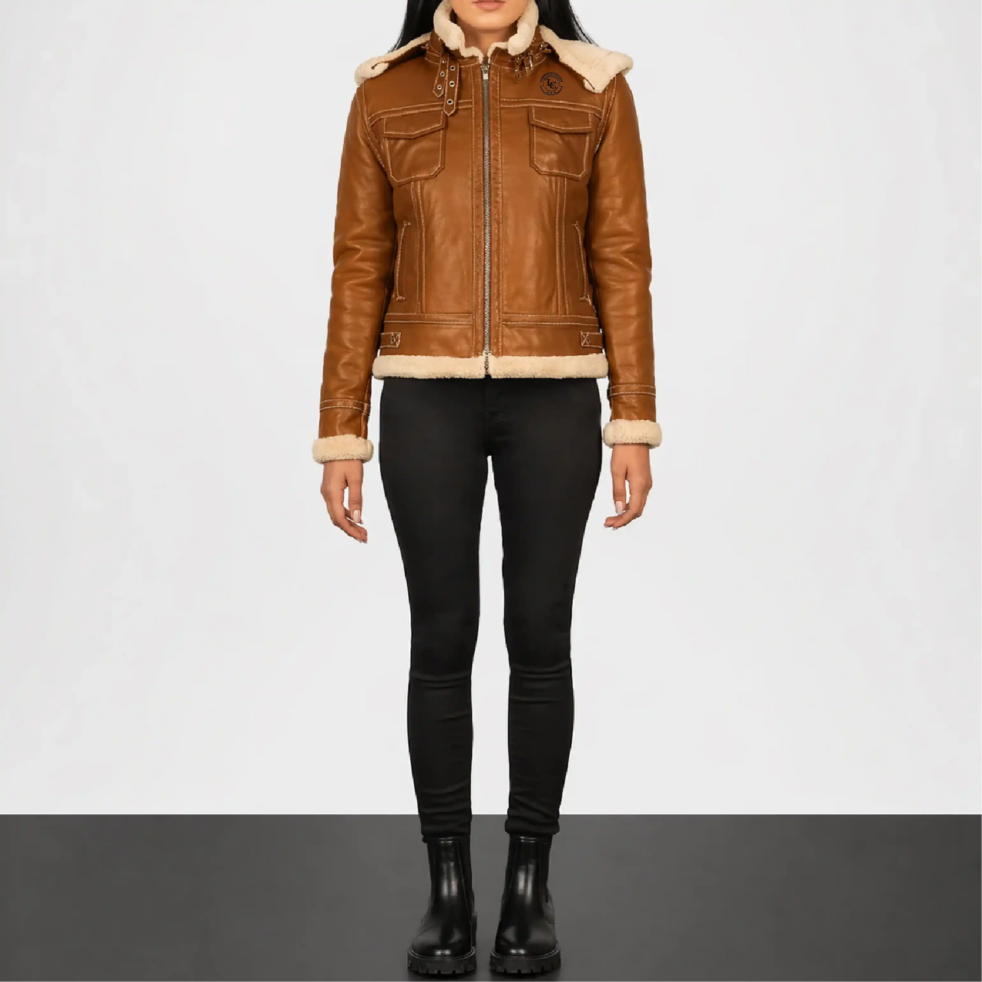 brown leather bomber jacket with fur collar
