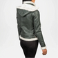 Green leather jacket with white fur collar