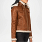 Brown leather jacket with white fur lining on a white background