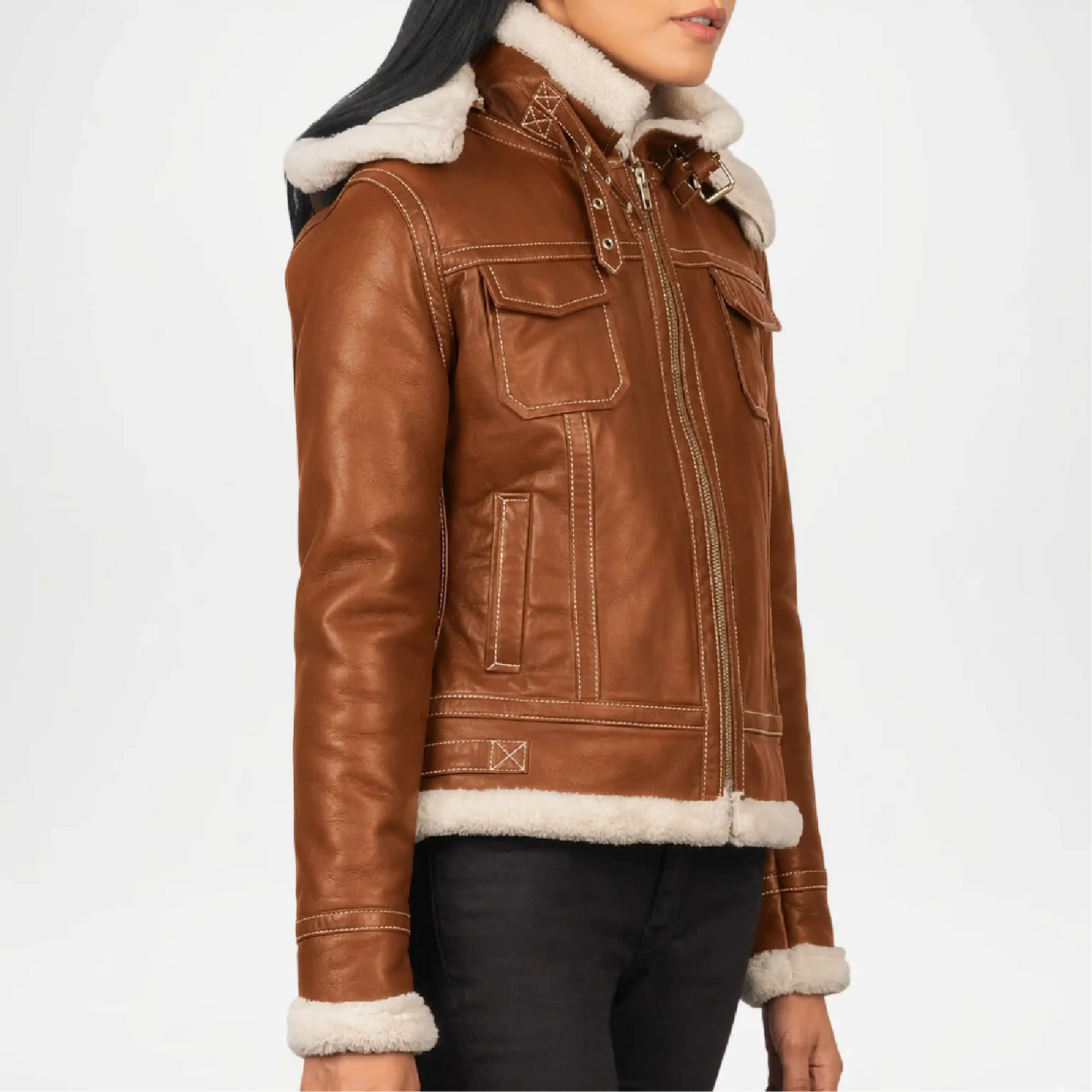Brown leather jacket with white fur lining on a white background