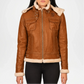 Brown leather jacket with beige fur lining on a white background