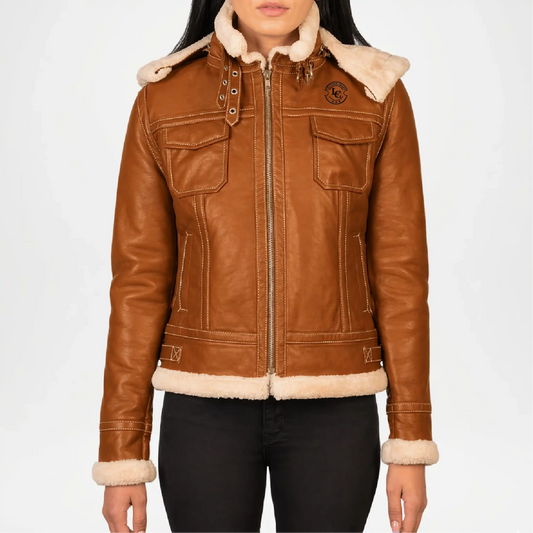 Brown leather jacket with beige fur lining on a white background