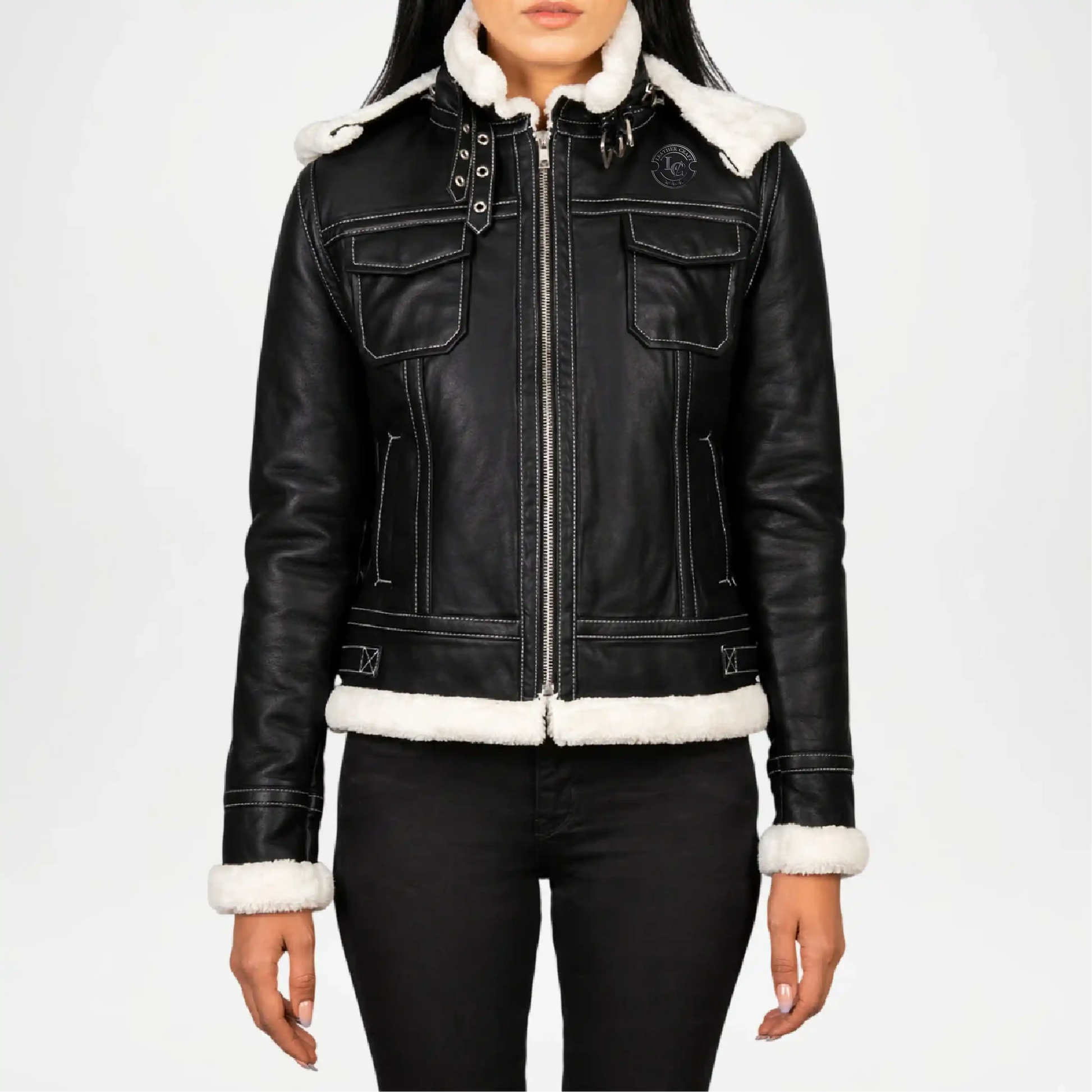 Black Shearling Hooded Leather Jacket for Women
