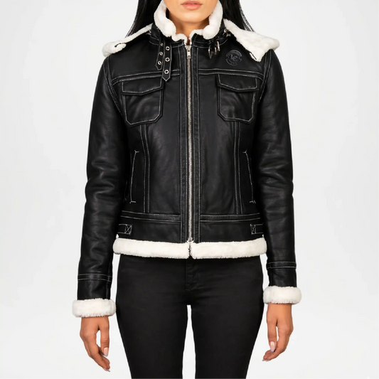Black Shearling Hooded Leather Jacket for Women
