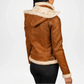 Brown leather jacket with white fur lining on a plain background